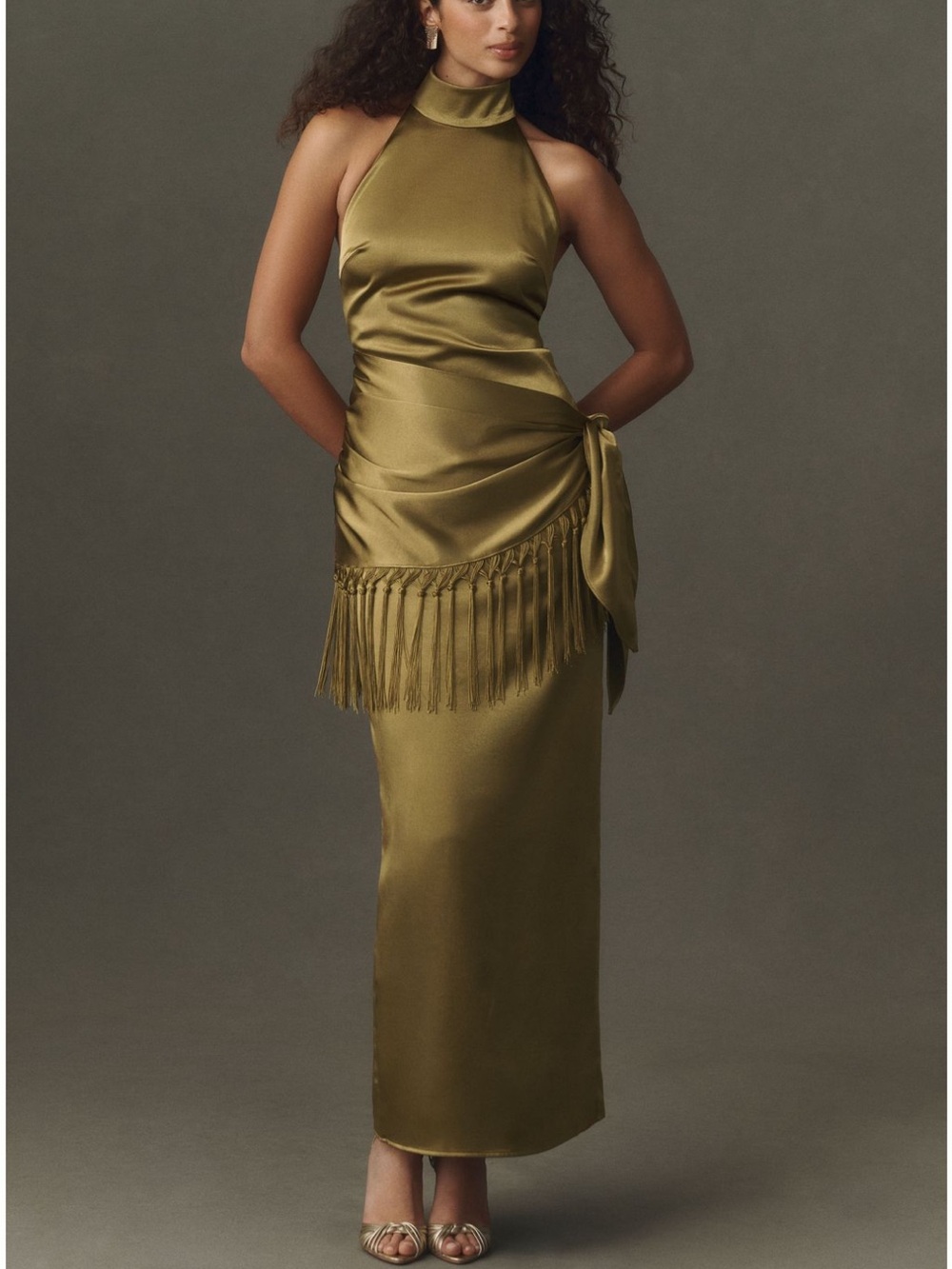Anthropologie Olive Satin Halter Fringe Maxi Dress